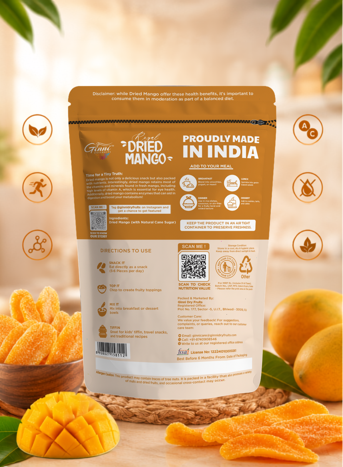 Ginni Royal Dried Mango Slices – 100% Natural, Sweet & Tangy Chewy Mango Slices
