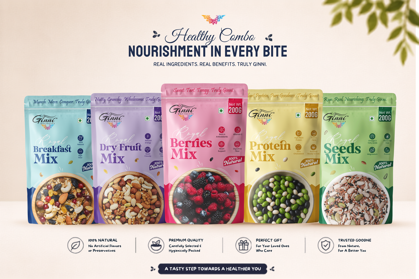 Ginni Dryfruits Royal Healthy Combo Pack (Set of 5) - Breakfast, Dry Fruit, Berries, Protein & Seeds Mix (5 x 200g = 1kg)