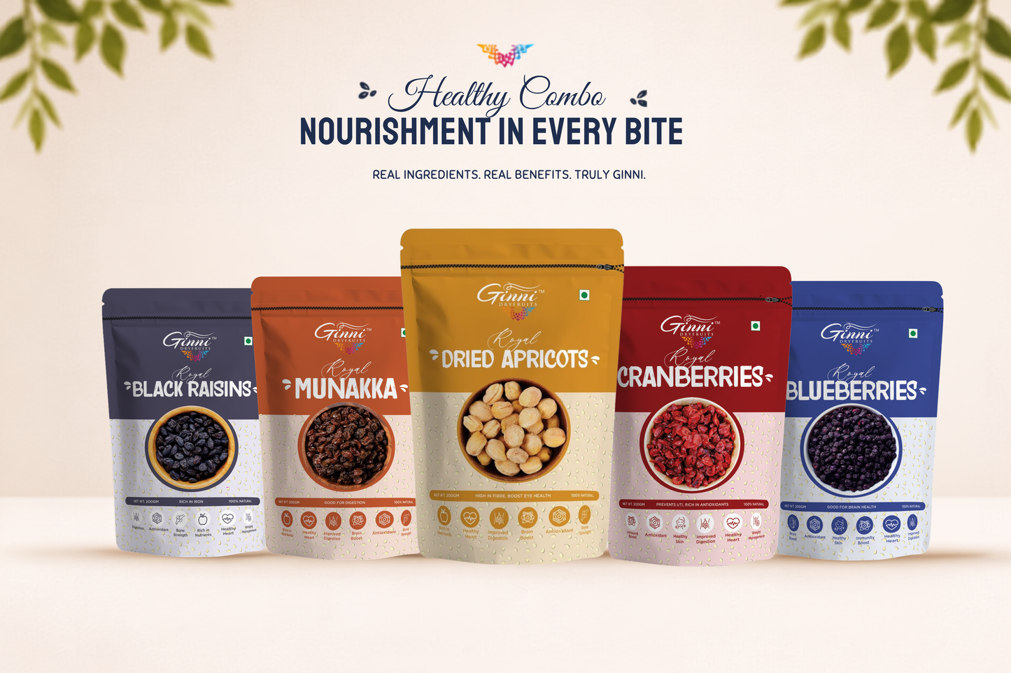 Ginni Royal Berries & Dried Fruits Combo (Set of 5 Packets, 1kg Total) – Blueberry, Cranberry, Munakka, Black Raisins & Apricots