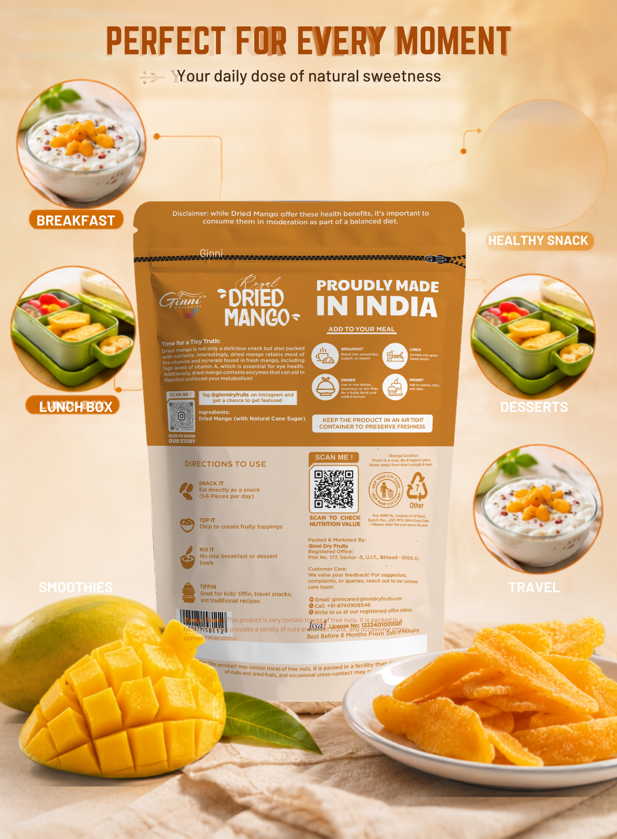 Ginni Royal Dried Mango Slices – 100% Natural, Sweet & Tangy Chewy Mango Slices