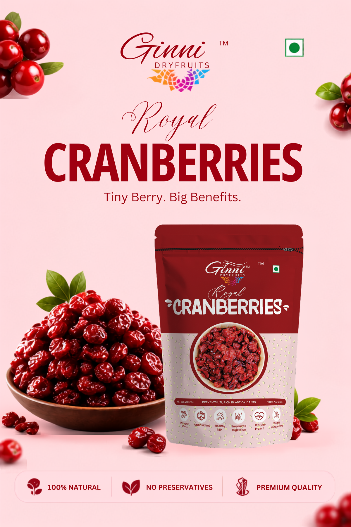Ginni Royal Dried Cranberries – 100% Natural, Sweet & Tangy Slice Cranberries